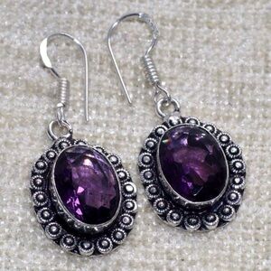 Stamped 925 Sterling Silver NATURAL Purple Amethyst Dangle Gemstone Earrings